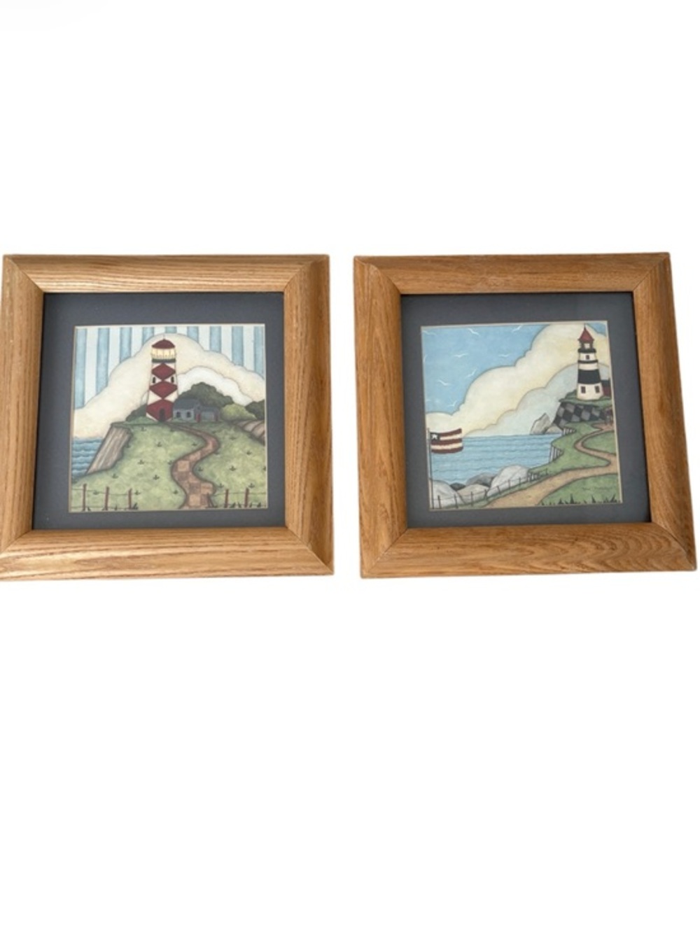 Coastal Lighthouse Wall Art Set of 2 Framed Prints Beach Cottage Decor 8x8